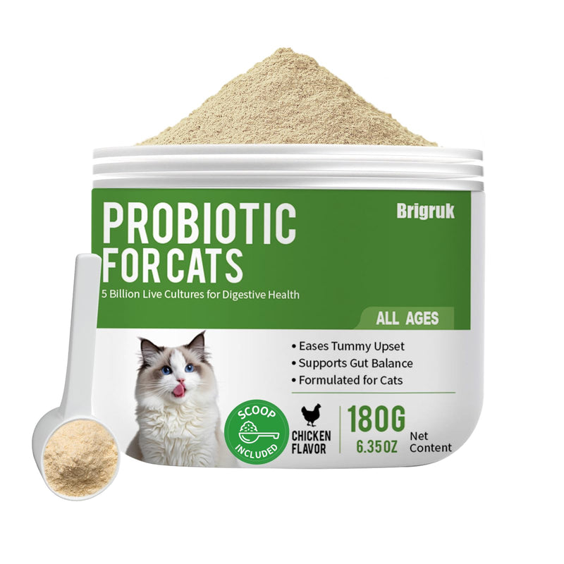 Probiotics for Cats - 5 Billion CFUs & 9 Strains Digestive Enzymes - Support for Sensitive Stomach, Hairball Relief & Immune System - Cat Gut Health Supplement with Prebiotics - Chicken Flavor, 180g