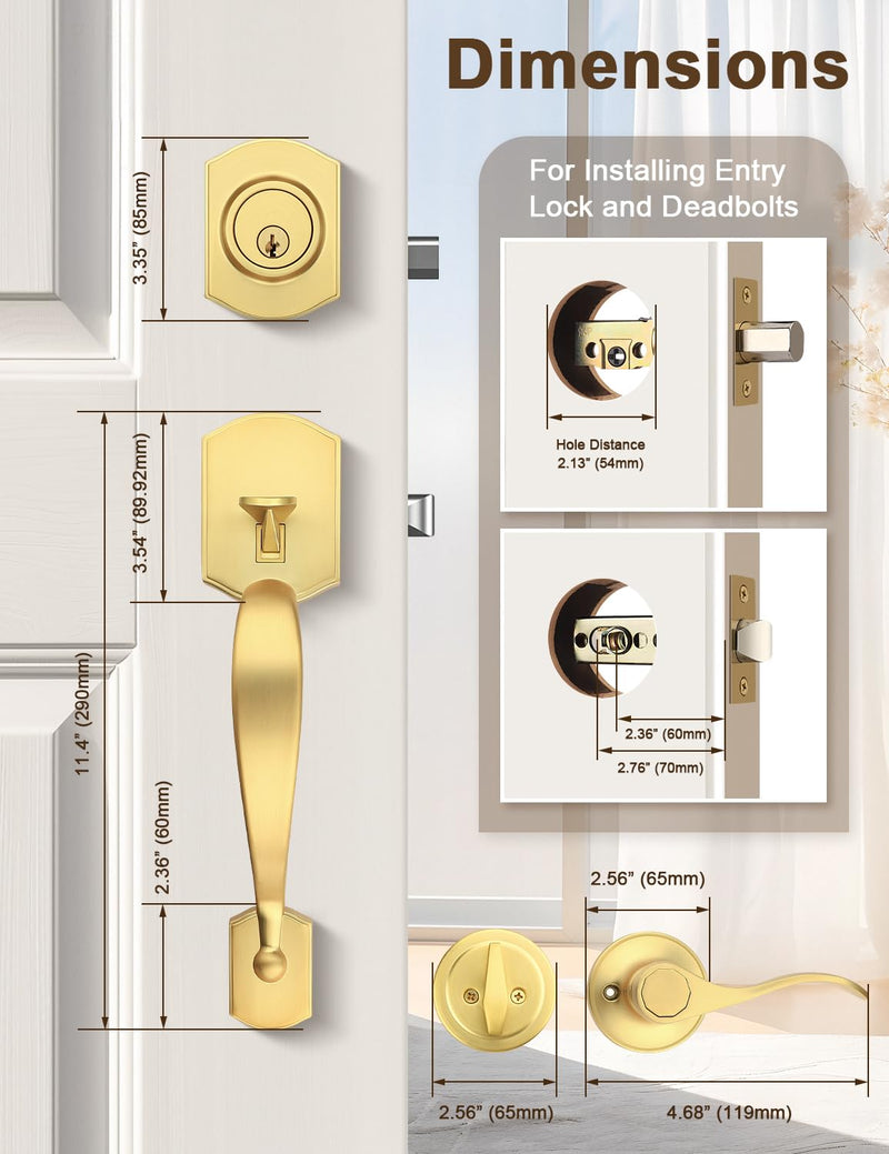 Camelot Brushed Gold Front Door Handle and Deadbolt Set, Front Door Lock Set, Satin Brass Finish, Upgated Entry Door Handle with Accent Wave Door Lever with Reversible Handle Lever, 1 Pack Gold - Deadbolt Set2