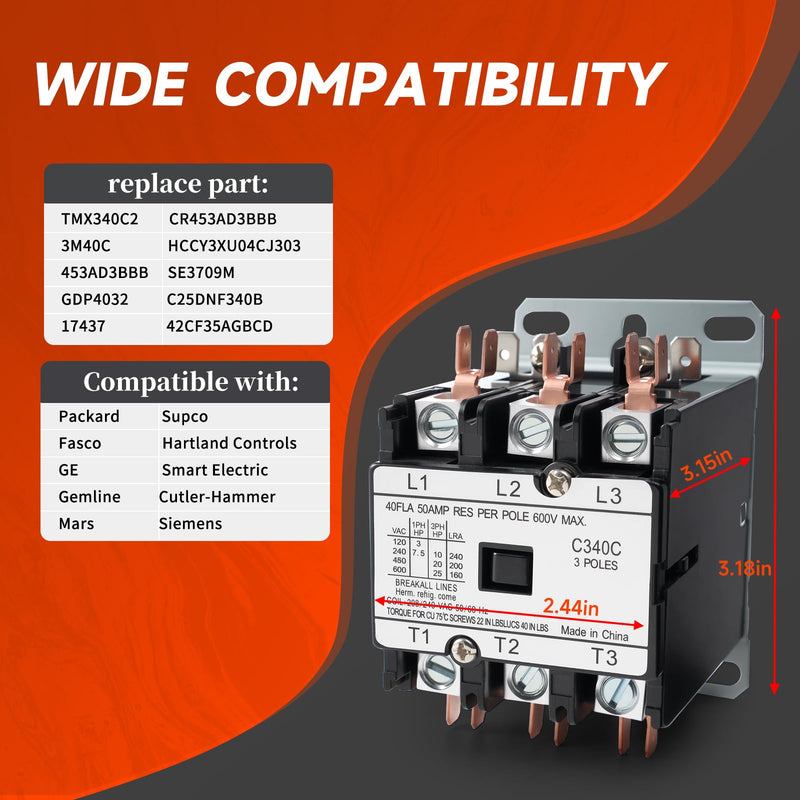 Upgraded 3 Pole 40 Amp Contactor 240V Coil C340C Contactor Compatible with Packard GE Fasco Gemline, C340C 3 Pole 40 Amp 208/240 Volt Contactor Replace TMX340C2 3m40c 453AD3BBB GDP4032