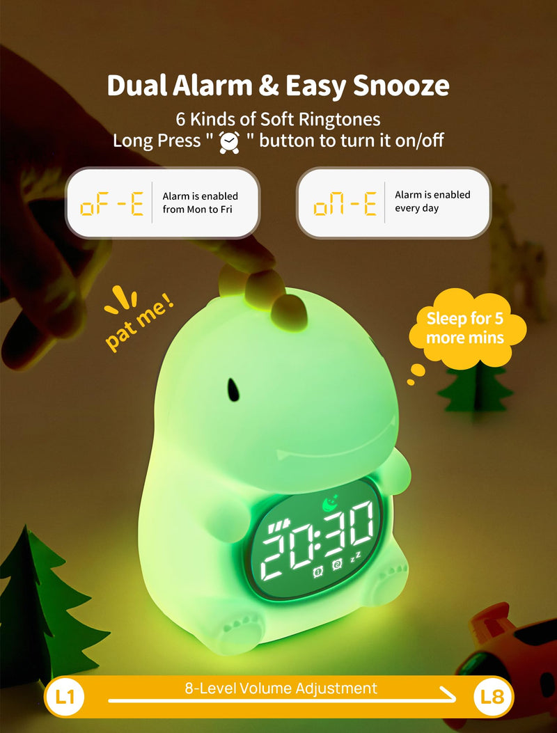 MASHI Dinosaur Alarm Clock with Night Light, Toddler Sleep Training Clock with Sun & Moon, Sleep Sound Machine, ok to Wake Clock for Kids, Digital Alarm Clocks for Bedrooms,Gift Ideas for Kids Child Dinosaurs
