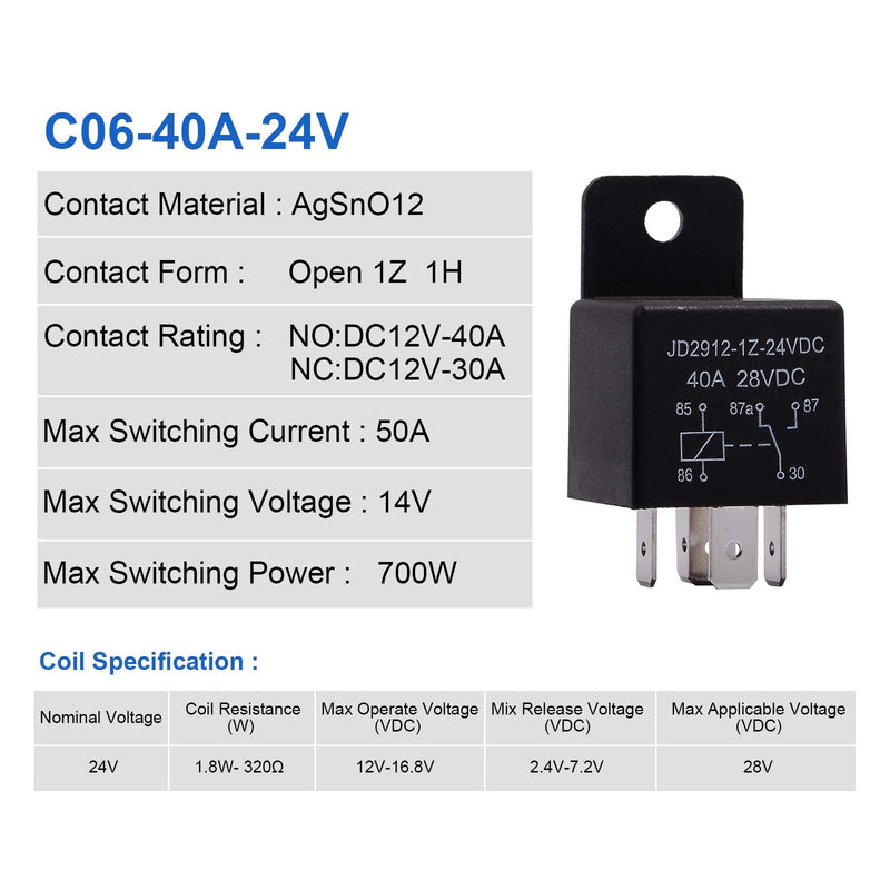 EHDIS Motor Relay 5 Pin 24V Coil 40amp Spdt Model No.: JD2912-1Z-24VDC 40A 28VDC, Contactor Relay Switch Power, Auto Switches & Starters, 5 Pack