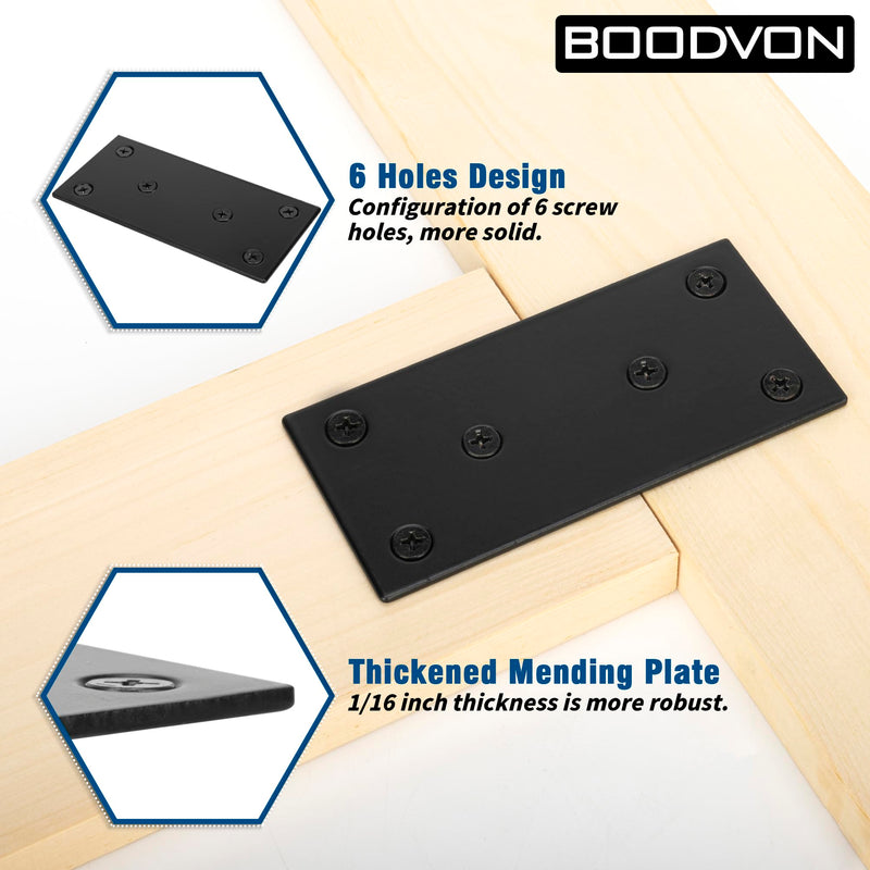 Mending Plate, Metal Steel Flat Straight Brace Bracket, Black Double-Wide Joining Plate for Wood Furniture Fastening & Fixing with 2 Sets of Screws of Different Lengths(48x128mm, 2 Pack) 1.9"×5"/48x128mm