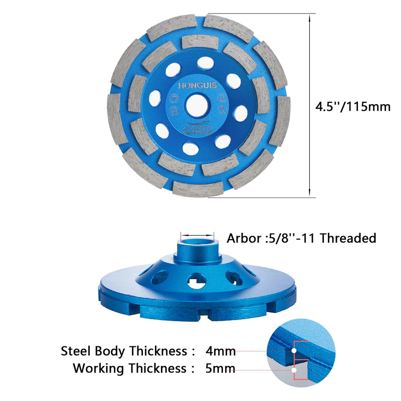 4 1/2 inch Concrete Grinding Wheel,5/8"-11 Arbor Diamond Cup Grinding Wheel Double Row for Granite Marble Concrete Masonry Stone 4.5 Inch 5/8"-11 Threaded
