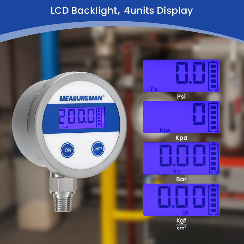 MEASUREMAN Economy Digital Pressure Gauge 2.5" Blue Backlit LCD, 0-200 PSI All Stainless Steel Case 1/4" NPT Connection 1% Accuracy 0-200psi