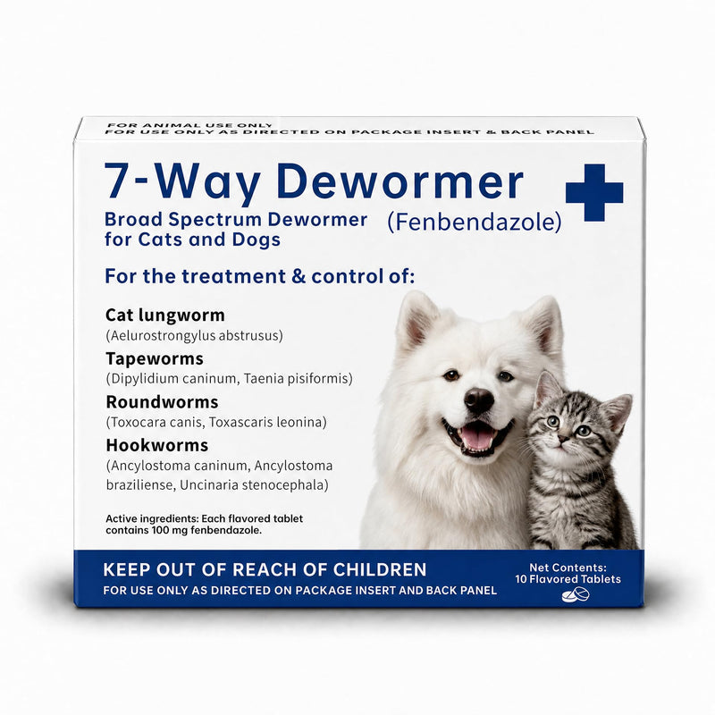 7 Way Fenbendazole Dewormer Tablets for Cats & Dogs – Treats Tapeworms, Roundworms & Hookworms – 10 Tablets per Box – 3-Day Required Treatment – Safe for Pets 6 Weeks