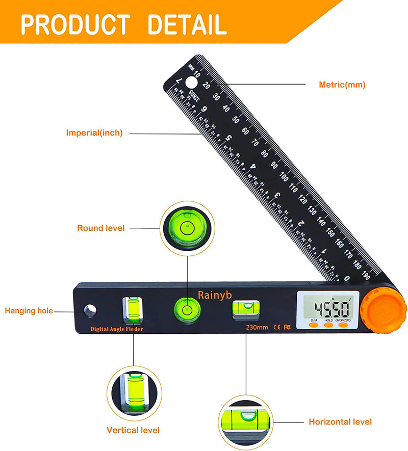 Rainyb Digital Angle Finder Tool 7inch 0-360 degree LED Digital Protractor with Horizontal Vertical Bubble Levels and Ruler Meter Accurate Tools for Carpenters,Woodworkers,Fabricators 7inch Angle Finder X 1