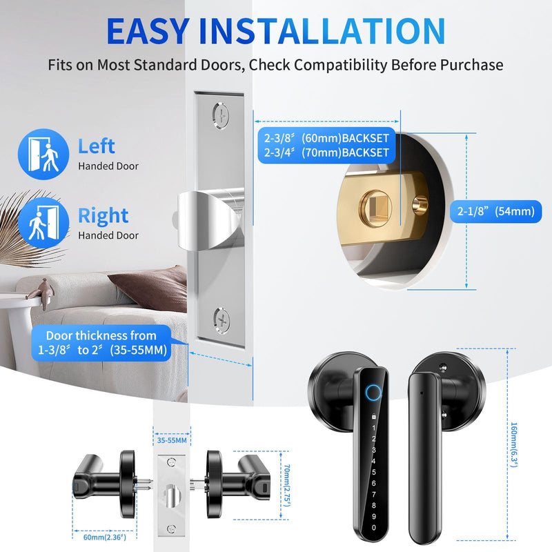 Fingerprint Door Lock- biometric Smart Door knob- passcode keypad Door Handle，for Bedroom Hotel Office Apartment (Black) Black
