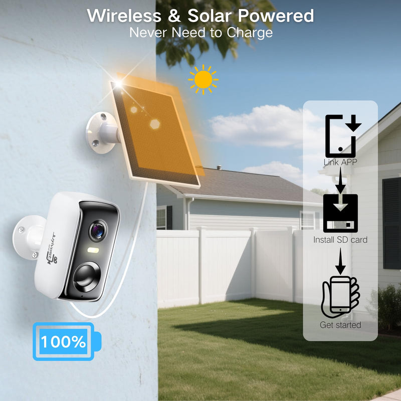 Security Cameras Wireless Outdoor, WIFI Cameras for Home Security with AI Motion Detection Spotlight Siren, Solar Panel Battery Powered, 2K Color Night Vision, 2-Way Talk, Waterproof, Cloud/SD Storage Q151SP-White