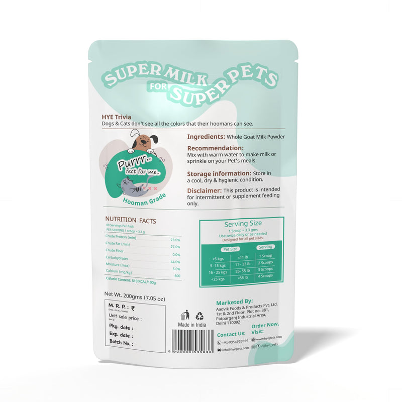 HYE Pets Full Fat Goat Milk Powder for Dogs and Cats 200g 7.05 oz Dog Food Topper Meal Mixer