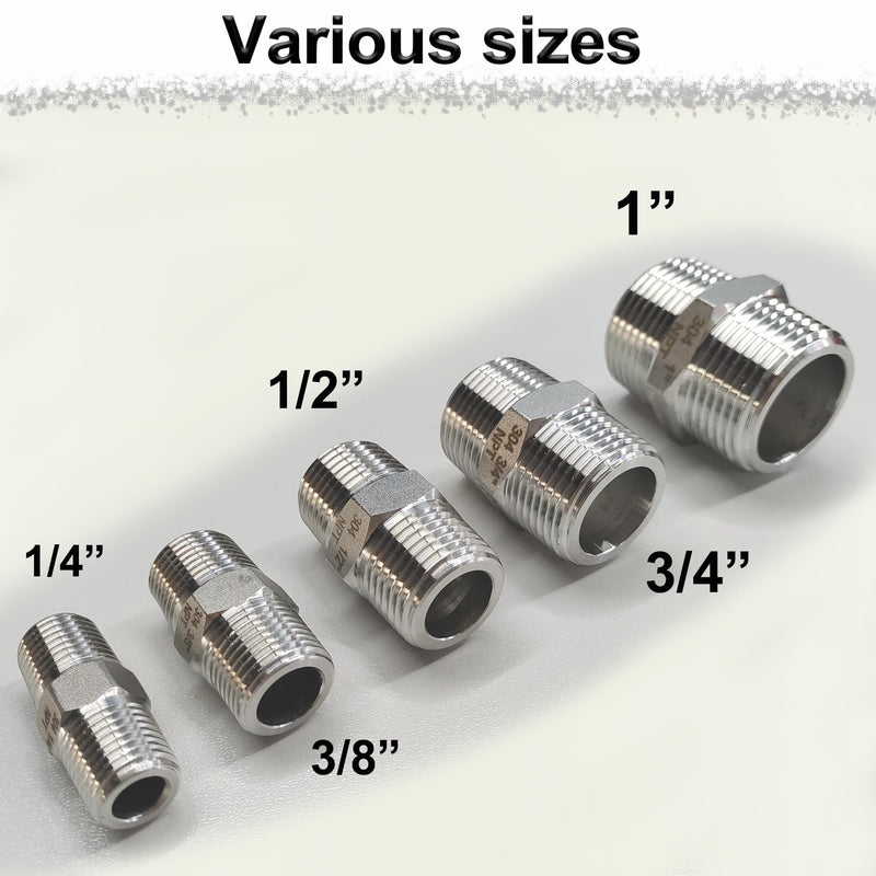 1/2" Male x 1/2" Male Hex Nipple Pipe Fittings, 304 Stainless Steel 1/2 inch NPT Male Threaded Pipe Adapter Fittings Equal Nipples Connectors, Male Straight Connector Pipe Fitting (1/2“, 2pcs) 1/2“, 2pcs