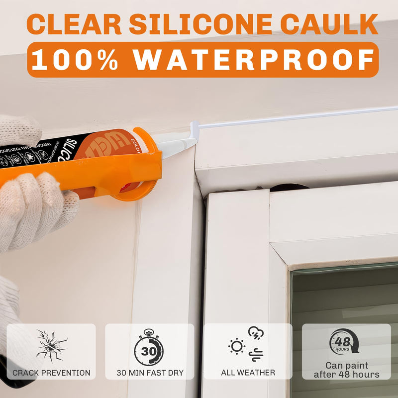 WELLUCK Clear Silicone Caulk, 100% Waterproof Caulking Silicone Sealant Flexible Cartridge Adhesive for Kitchen, Bathroom, Window, Door, Glass, Bathtub, Shower, RV, Auto Leak Sealing (10.2 OZ, 1Pack) 1