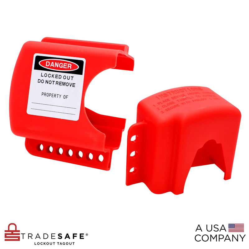 TRADESAFE Adjustable Flanged Ball Valve Device - Red Lockout Tagout Valve Lock for 2 inch to 4-1/2 inch Flange Ball Valve, Adjustable Gas, Oil, or Water Valve Lock, Premium Grade Polypropylene