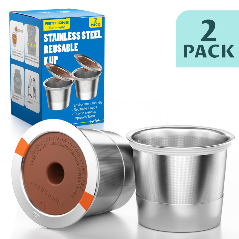 RETHONE K Cup Reusable Coffee Pods, Stainless Steel Reusable K Cups Compatible with Keurig 1.0 & 2.0 Coffee Machines Brewers Refillable K Cups (2 Pack) 2 PACK