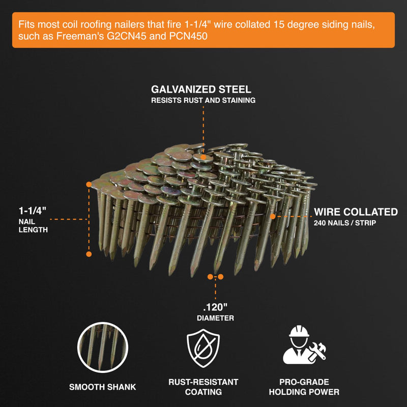 Freeman 15 Degree 1-1/4" x 0.120" Wire Collated Galvanized Coil Roofing Nails – 7,200 Count – Heavy-Duty 15 Degree Roofing Nails for Shingles, Siding & Sheathing