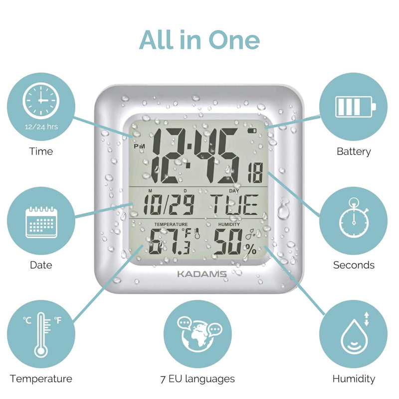 KADAMS Bathroom Clock 9.5" Kitchen Wall Clock with Large LCD Screen – Shower Clock with Suction Cup,Temperature, Humidity, Calendar – Water-Resistant, 4 Mounting Options, Silver