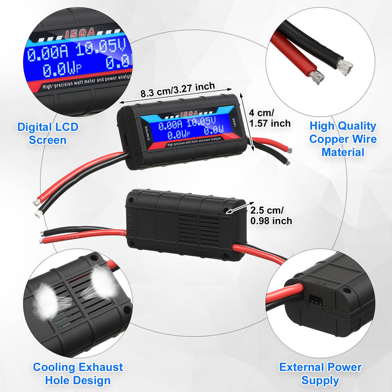 Yunsailing 2 Pcs High Precision Watt Meter Power Analyzer Battery Consumption Performance Monitor Power Monitor with Backlight Digital LCD Screen(No 45 Amp Power Grade Connector, 150a/60v) 9000.0