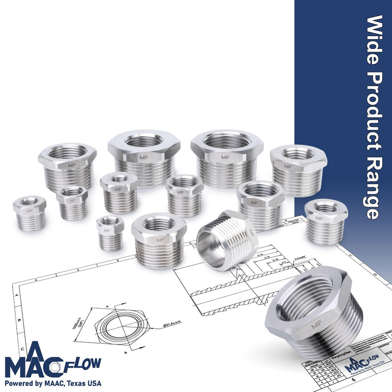 MAACFLOW Stainless Steel 3/8" Male NPT to 1/8" Female NPT Adapter Reducer Hex Bushing (Thread OD 0.65" - ID 0.34") (Pack of 1) 3/8" MNPT x 1/8" FNPT Pack of 1