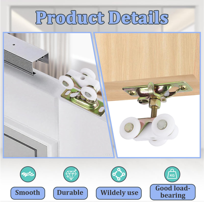 4Pcs Sliding Pocket Door Rollers Assembly for Johnson Part Hardware Kit, Sliding Door Wheels Replacement Part with Top Hanger for Bypass, Closet Doors