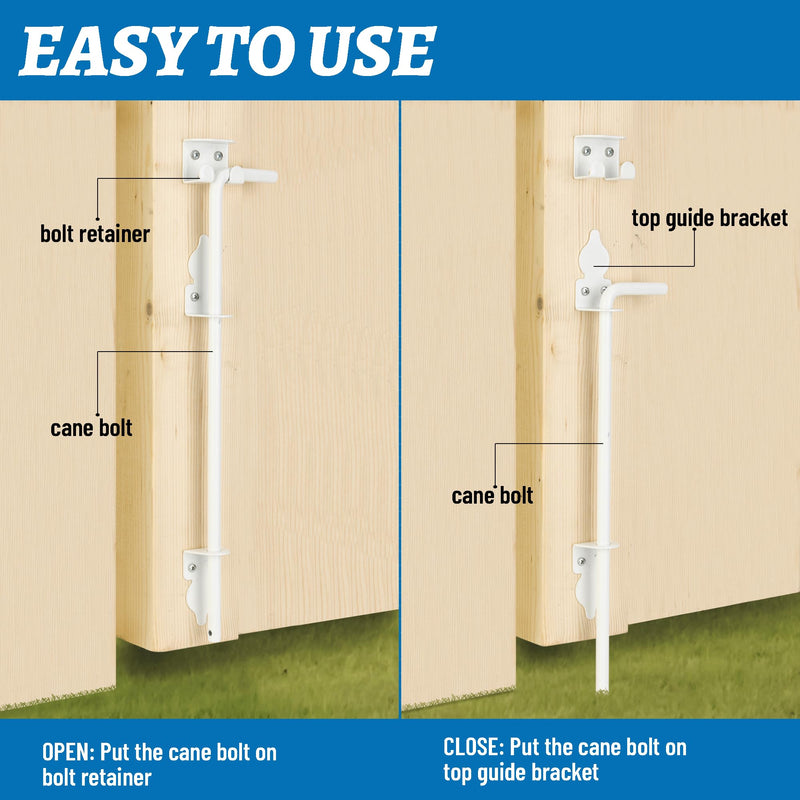 24" Heavy Duty Cane Bolt Gate Drop Rod Hardware Ground Latch for Wood PVC Vinyl Metal Fences Gates, Double Doors, White Solid Steel -2 Pack 2 24 Inch