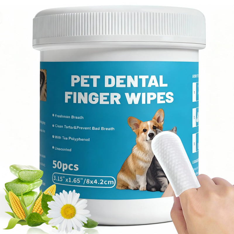 Pet Teeth Cleaning Finger Wipes for Cats and Dogs, Unscented Tartar Control with Tea Polyphenol, Fresh Breath, 50 Count Dental Finger Wipes - 50Counts