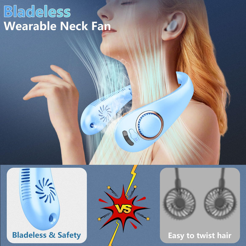 Neck Fans Portable Rechargeable-Foldaway Neck Fan with Mist,Personal Fan for Neck Wearable Hanging around,Cordless Neck Coolers for Female Male Kids Dad Mom Extremely Hot Weather Indoor Outdoor Blue