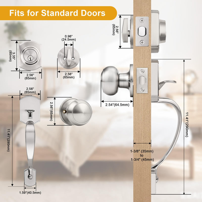 Probrico Brushed Nickel Door Locks for Front Door, Entry Door Locksets with Deadbolt, Front Door Knob and Deadbolt Set, 1 Set