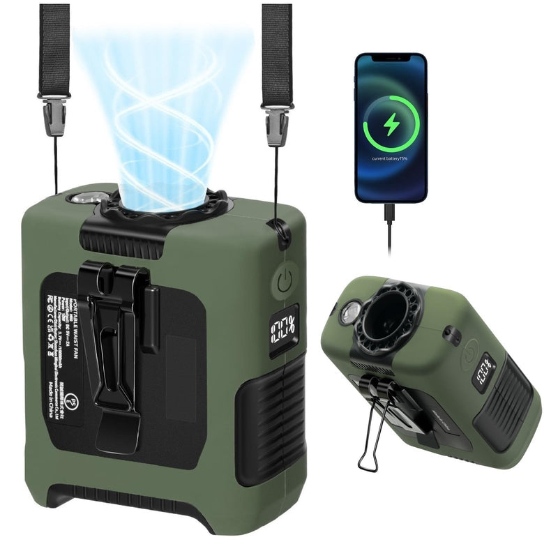 Portable Fan Wearable Personal Fan with 5 Speed Max 55 Working Hours Low Noise Portable Neck Fans Cooling Waist Fans for Camping Traveling LED Power Display 10000mAh Rechargeable (Dark Green) Dark Green