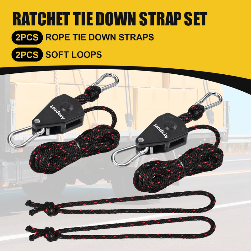 Ayaport Adjustable Rope Hanger Grow Light Hanger, 14Ft 3/8" Heavy Duty Plant Pulley Rope Tightener Ratchet Tie Down for Kayak, Tent Tie Downs, 2 Pack Black 2pcs-3/8"x14'