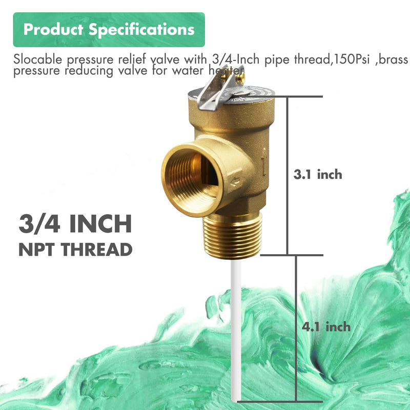 VAV Temperature Pressure Relief Valve, 3/4" NPT Female Thread, 150 PSI, 4" Temperature Probe, Lead-Free Copper, CSA LISTED Valve with Pipe thread
