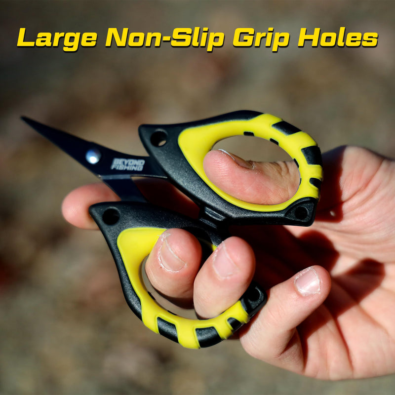 Beyond Fishing - 4.5” Fishing Scissors for Braided Line, Stainless Steel with Serrated Blades, Non Slip Grip, Large Finger Holes Fishing Line Cutter