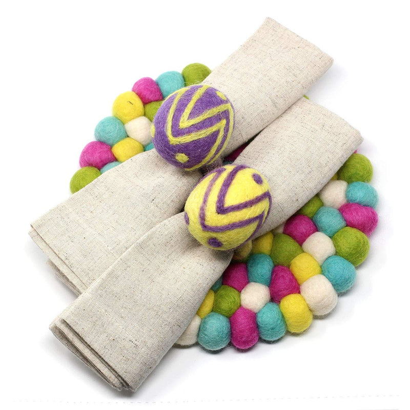 Global Crafts Hand Crafted Felt Ball Wool Trivet Mat from Nepal, 8" Round Pad, Rainbow