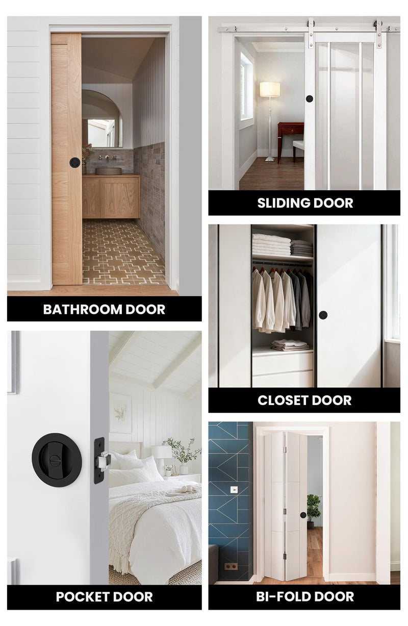 goldenwarm Matte Black Round Pocket Door Lock, Pocket Door Hardware for 2-1/8'' Round Bore Hole, Pocket Door Handles Fit 1-1/4'' to 2'' Thickness Sliding Door 2-3/8'' Latch 1 Pack Classic 1 Pack