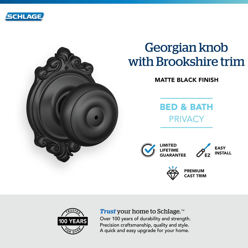 Schlage F40 GEO 622 BRK Brookshire Door Knob with Brookshire Trim, Bed & Bath Privacy Lock, Matte Black