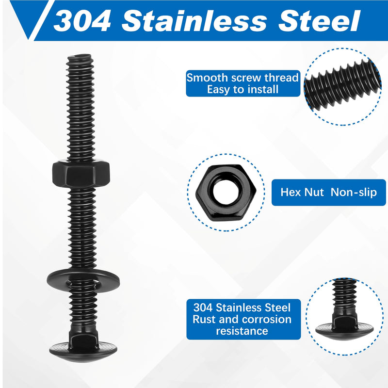 Zonon 25 Sets 1/4-20 x 2-1/2" Stainless Steel Carriage Bolts and Nuts Kit Round Head Square Neck Carriage Bolts Screws and Hex Nuts and Flat Washers, Stainless 18-8 Full Thread Coverage (Black) 1/4-20 x 2-1/2" Black