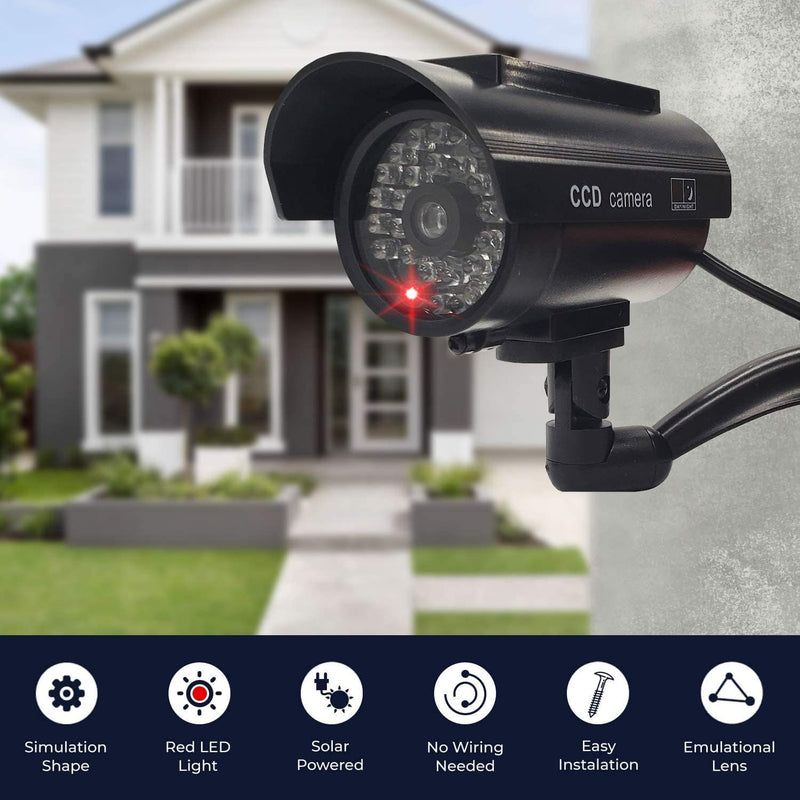 Solar Powered Fake Security Camera, Easy to Install with Red Light LED Light Flashing and Warning for Indoor/Outdoor
