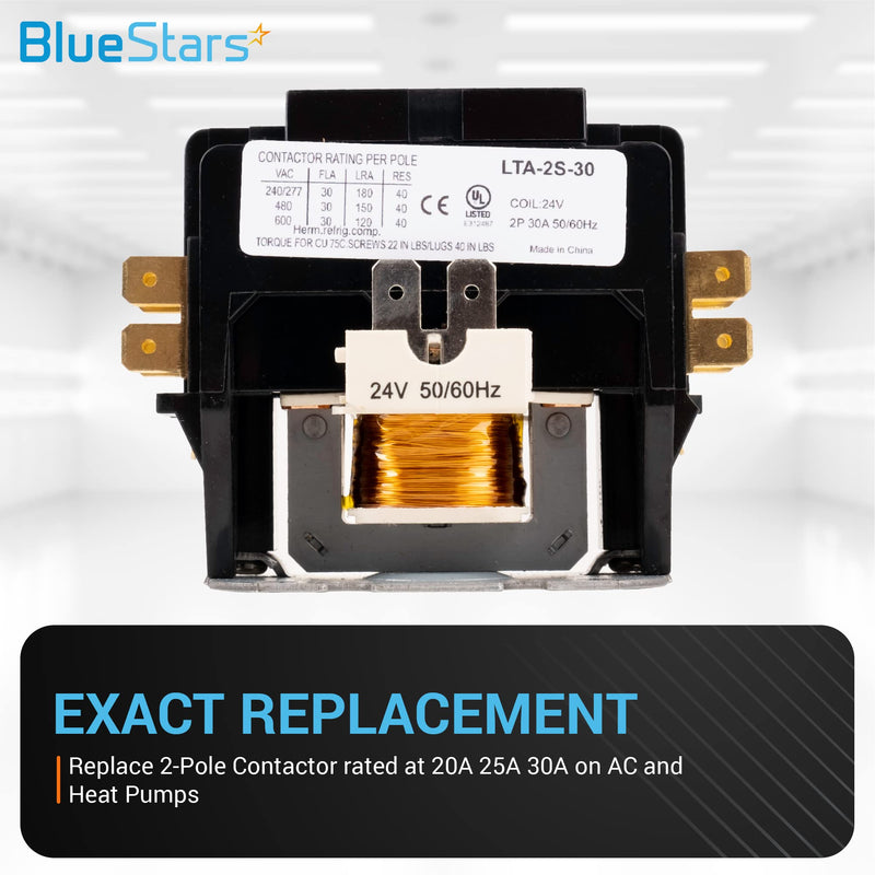 BlueStars Ultra Durable 2 Pole Contactor 30 Amp 24VAC Coil - Compatible with Relays, Air Conditioner, Heat Pump, Refrigeration Systems 2P 30A 24V