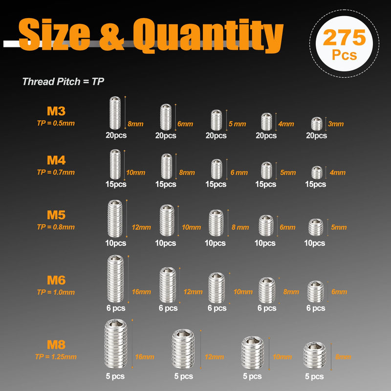 Kadrick 304 Stainless Steel Set Screws, 275 Pcs, M3-M8, 3mm-16mm Lengths 275Pcs Set Screws M3-M8
