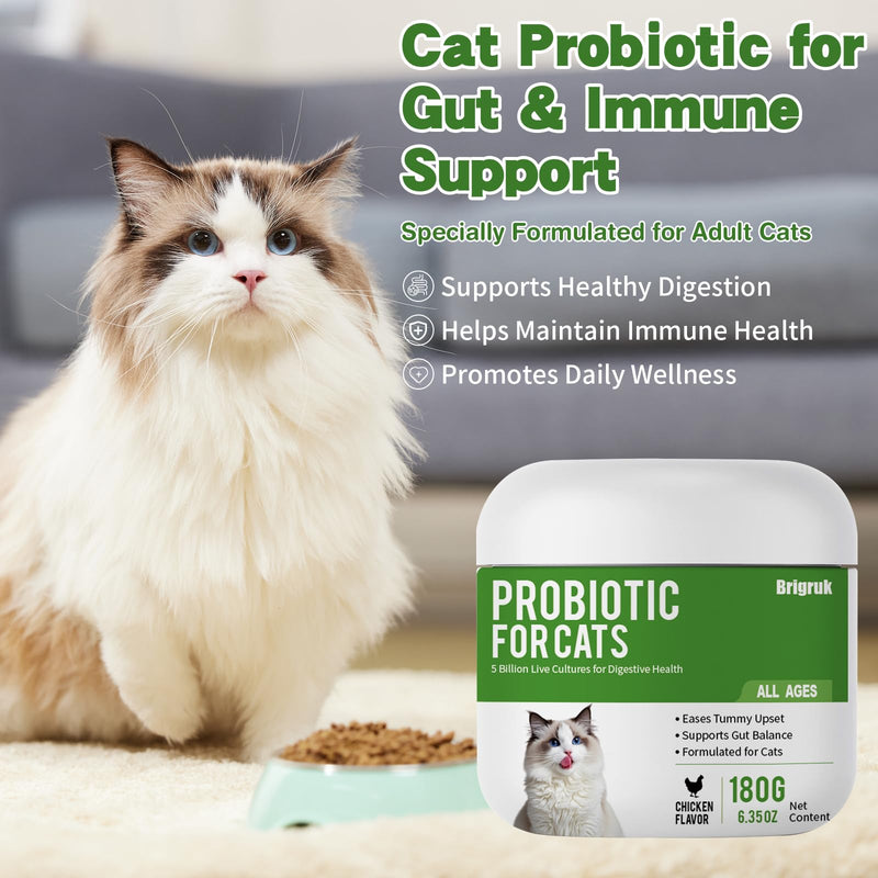 Probiotics for Cats - 5 Billion CFUs & 9 Strains Digestive Enzymes - Support for Sensitive Stomach, Hairball Relief & Immune System - Cat Gut Health Supplement with Prebiotics - Chicken Flavor, 180g