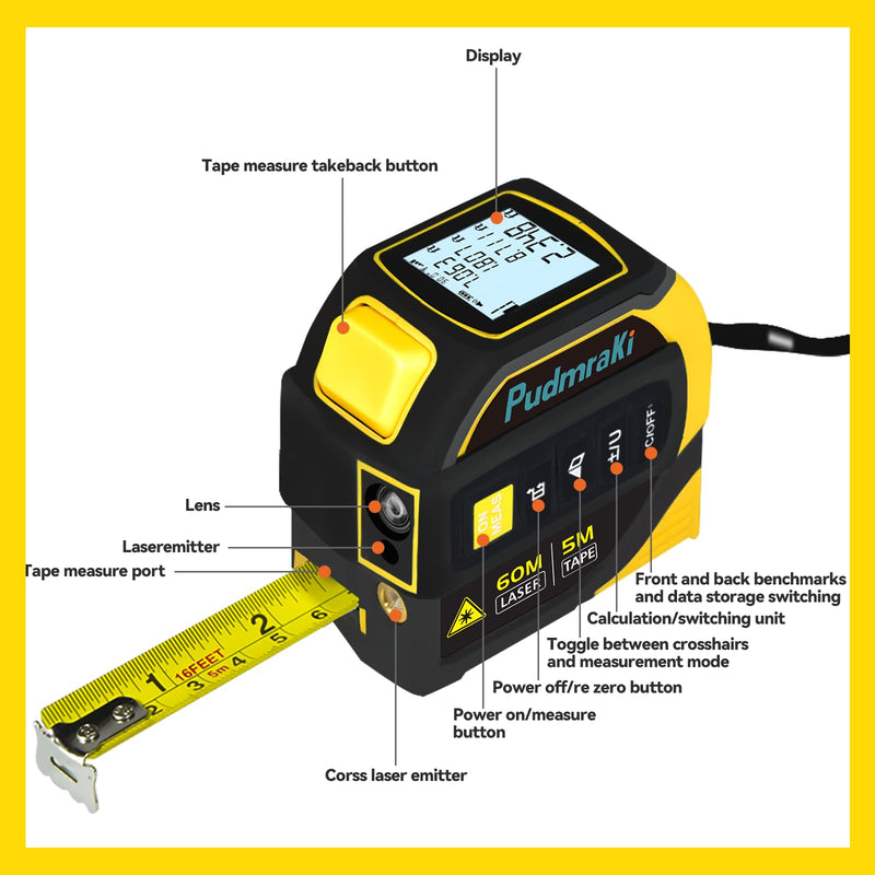 4-in-1 Laser Tape Measure 196.85Ft Laser Ranging 16.4ft Digital Tape Measure Area, Volume Measurement, Pythagorean Mode, Waterproof and Rechargeable