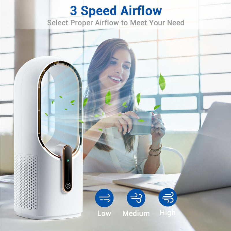 Bladeless Desk Fan, 11.8 Inch Small Rechargeable Fan, 30dB Quiet, 3 Speeds White/Gold, With Battery