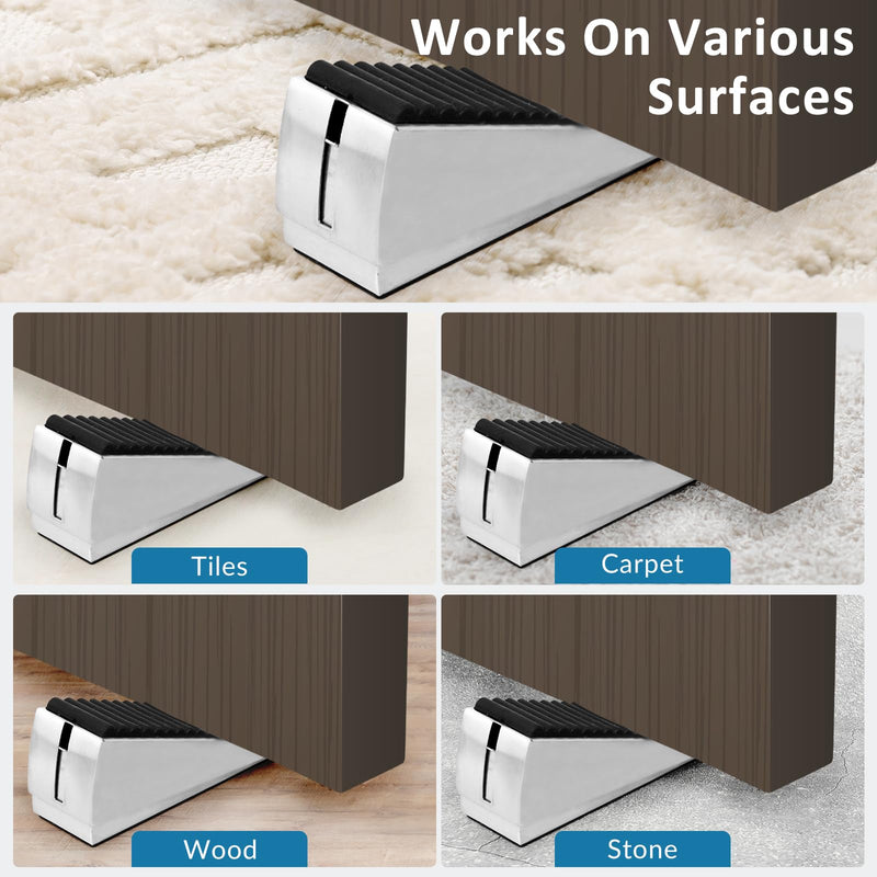 Heavy Duty Door Stopper, 2 Pack Adjustable Spring Large Door Stopper, 3 Inches High Tall Door Wedge Stoppers for Bottom of Door, Door Stop Suits Any Heavy Door Silver