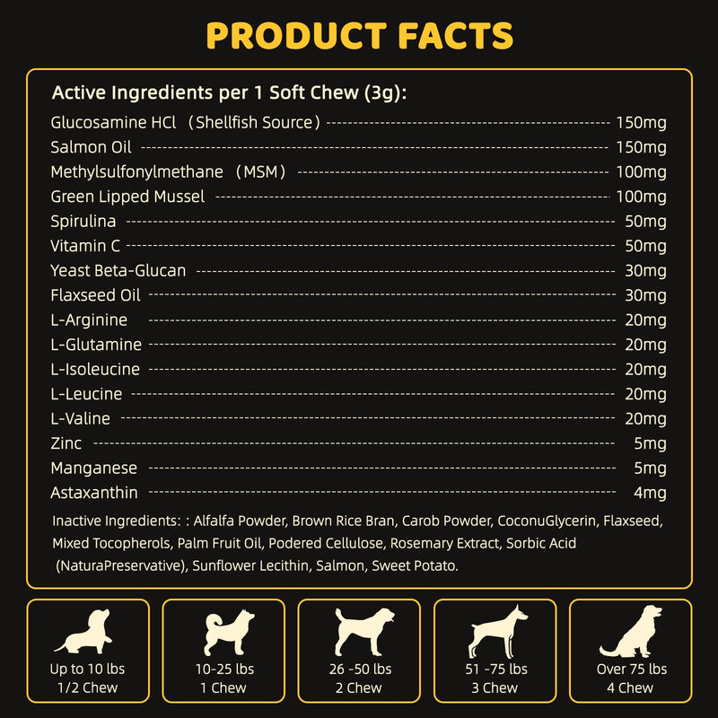 4-in-1 Muscle Gain Chews for Dogs: High Protein Supplement with BCAAs, Glucosamine & Salmon Oil – Premium Muscle Builder for All Breeds, Puppies to Senior – Salmon Flavor Soft Chews, 100 Tabs Black