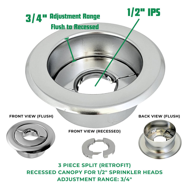 Retrofit Recessed Fire Sprinkler Escutcheon 1/2 in. IPS - Split 3 Piece in Chrome Plated - Depth Adjustment Range up to 3/4 in. for Fire Sprinkler Trim 1/2 in. IPS - 3/4 in. Adj. (1-Pack) Chrome-Retrofit