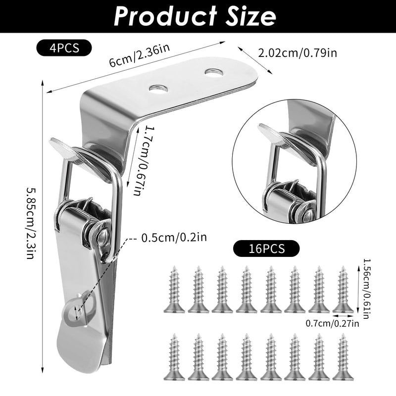 4PCS 90 Degree Tool Box Hood Locks Latches, Stainless Steel Spring Loaded Toggle Latch Catch Catch Hasp Clamp Clip Lock with 16 Screws for Wooden Case Toolboxes Cabinet Chest (with Lock Hole)