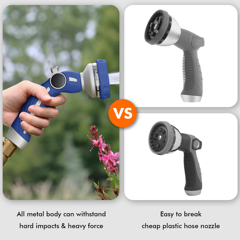 RESTMO Hose Nozzle Heavy Duty, Metal Water Hose Sprayer for Garden, 9 Spray Patterns | High Pressure | Thumb Flow Control | On/Off Valve, Ideal for Lawn & Plant Watering, Car & Pet Washing, Blue