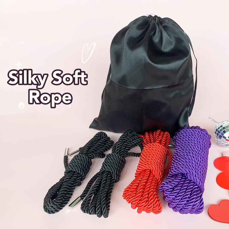 Silk Rope, Skin Friendly Soft Rope Durable, 32 Feet 8 mm Multipurpose Long Satin Braided Twisted Rope (2x8ft Black+16ft red+32ft Purple) 2x8ft Black+16ft red+32ft Purple
