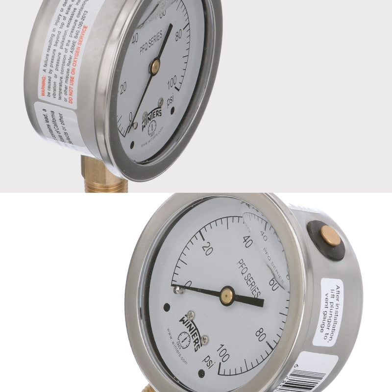 Winters 2-1/2" Dial Size, Liquid Filled Industrial Pressure Gauge, Brass Internals, 304 Stainless Steel Case, Single Scale 0-100 psi, 1.5% Acc, 1/4" NPT Bottom Mount, Glycerin Filled Pressure Gauge 0/100 PSI