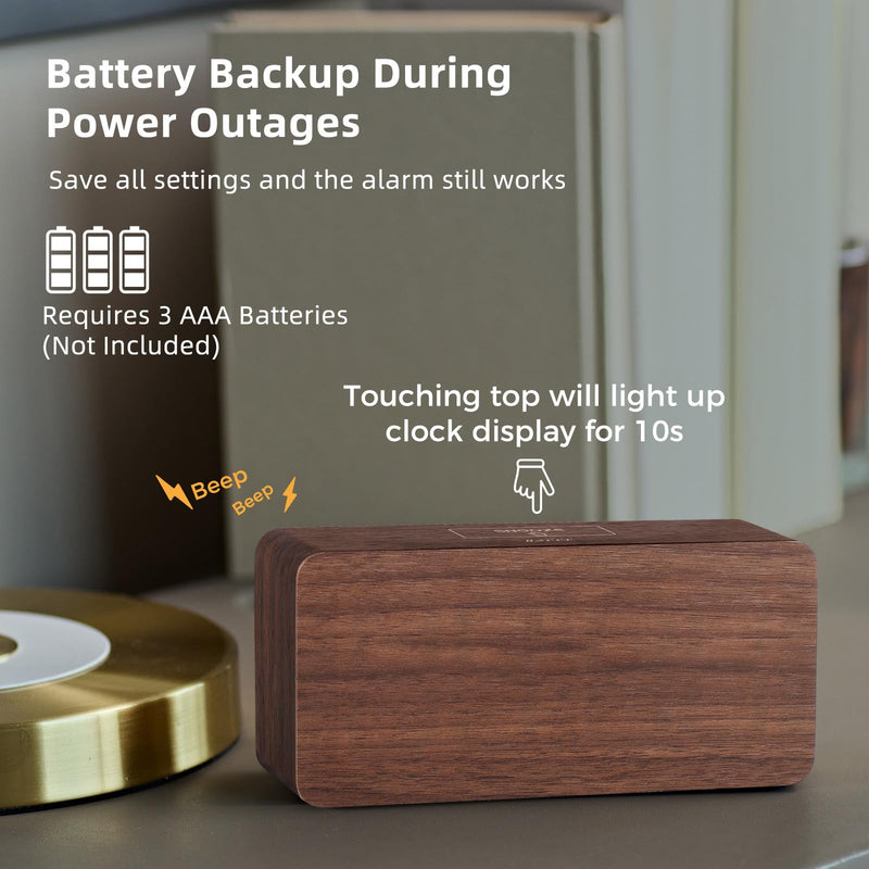 uscce Wooden Digital Alarm Clocks for Bedrooms: Dimmable Dual Alarm Clock with Large Numbers for Bedside Desk - Loud Alarm for Heavy Sleepers with Volume Control - Wood Decor & Gifts Brown - Amber Digits (Plug-in)