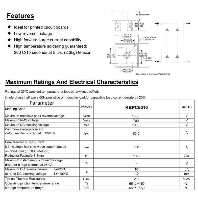 KBPC5010 Bridge Rectifier Diode 50A 1000V KBPC 5010 Electronic Silicon Mini Rectofier Diodes Ac to Dc 50 Amp 1000 Volt (Pack of 5Pcs) KBPC5010