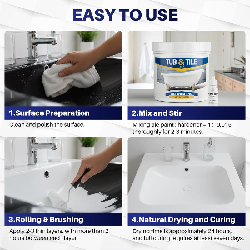 Tub and Tile Refinishing Kit, 10.6oz Bathtub Refinishing Kit with Tools, DIY Tub Paint White for Bathtub, Shower, Kitchen Countertop, Porcelain, Easy to Cover & Low Odor 10.6 Fl Oz (Pack of 1)